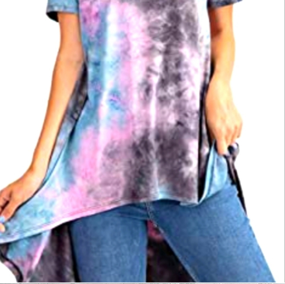 Hi-Low Casual Style Top Oversized M Tie-dye Pullover Round Neck Short Sleeves